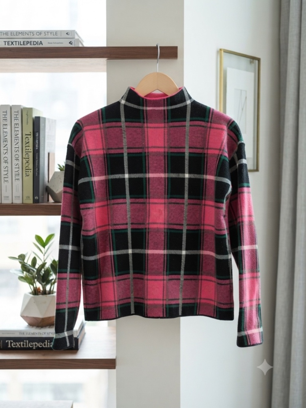 Pullover Sweater Pink Black Green Tahari Plaid Mock Neck Medium M